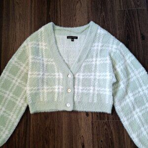 💙 Kendall & Kylie Fluffy Thick Cropped Stretch Cardigan Sweater Size S/M Preppy